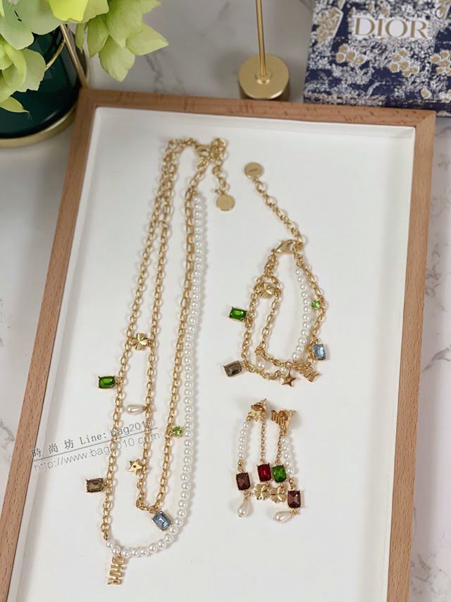 Dior飾品 迪奧經典熱銷款鏈條彩鑽套裝手鏈 耳環  zgd1170